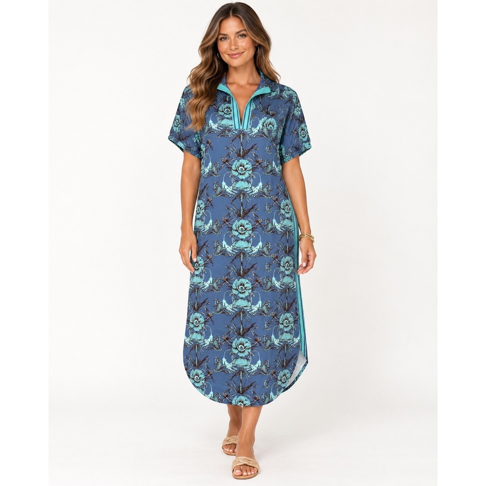 Emily McCarthy Poppy Caftan Lioness Blue Floral Dress XL
